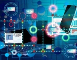 SEO in Blue Background with Smart Phones