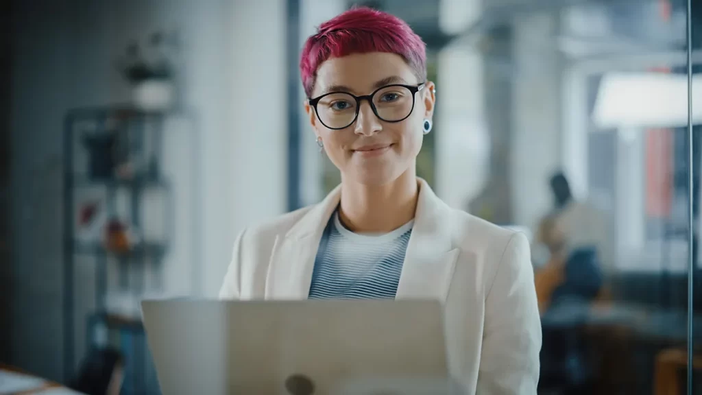 Business Woman With Pink Hair and Glasses